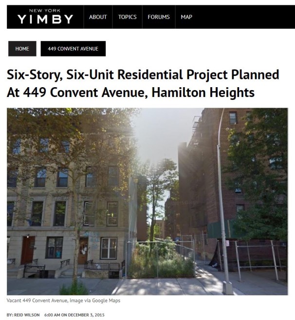 Six-Story, Six Unit Residential Project Planned At 449 Convent Avenue, Hamilton Heights – December 3, 2015